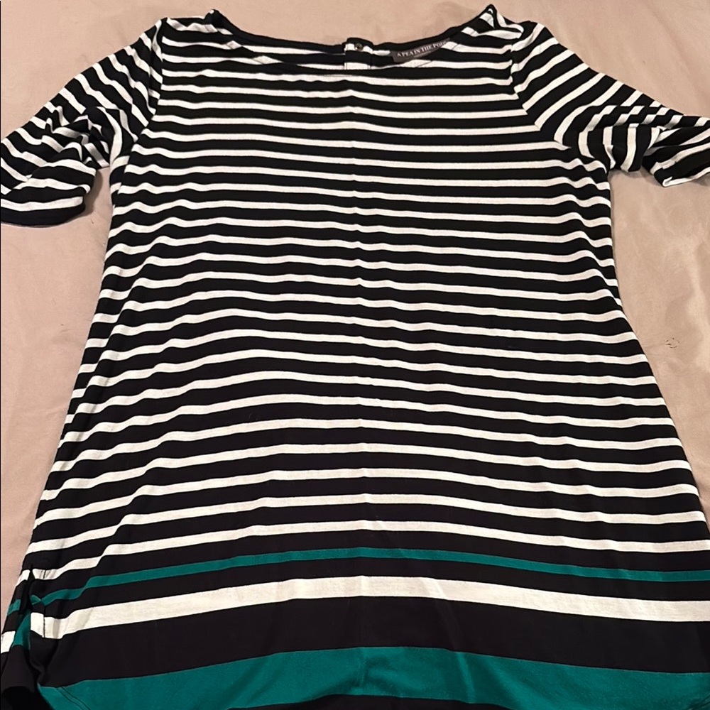 Striped Black and White Top with Green Accents